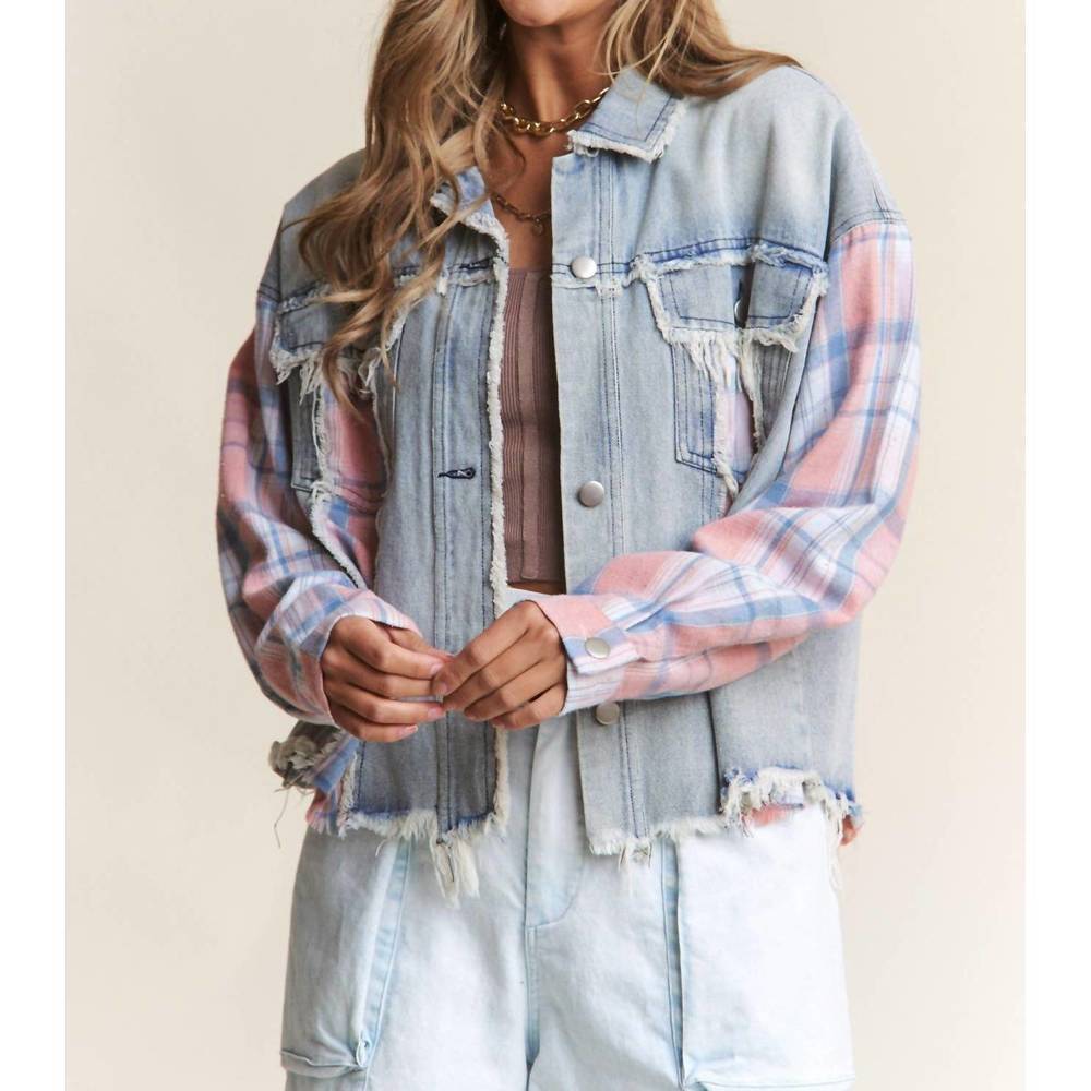 NEW J.NNA color block plaid and denim jacket in pink plaid denim